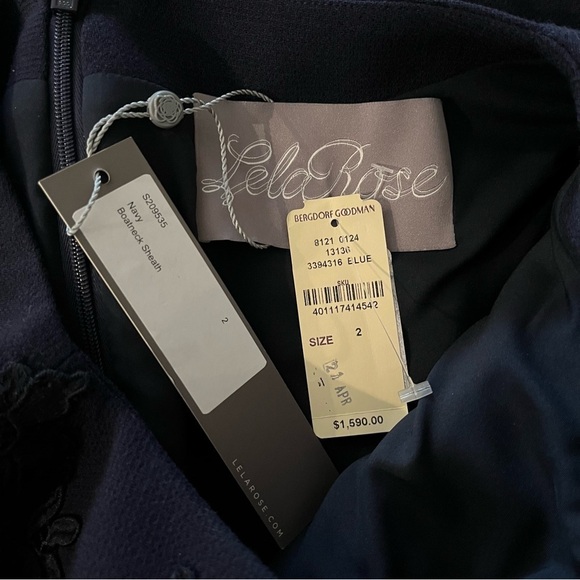 NWT Lela Rose 2 Navy Blue Lace-Embroidered Wool Crepe Sheath Midi Dress $1590 - Picture 4 of 6